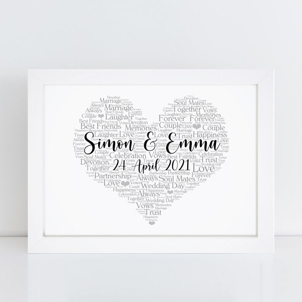 Personalised Heart Print - Custom Word Wall Frame - Wedding Keepsake Gifts - For Couples, Mr And Mrs, Bride, Groom