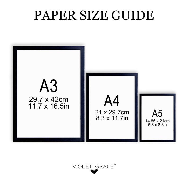 K&ouml;nnte beinhalten: Papierformat&uuml;bersicht mit drei gerahmten Drucken: A3 (29,7 x 42 cm), A4 (21 x 29,7 cm) und A5 (14,85 x 21 cm). Der Text "PAPIERGR&Ouml;SSENF&Uuml;HRER" steht oben. Das Violet Grace-Logo befindet sich unten.