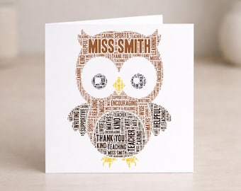 Personalised Owl Card - Thank You Teacher Custom Keepsake, For Teaching Assistant, Brownies NL