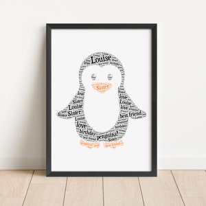 Cuadro personalizado de pingüino - Arte mural con palabras enmarcadas a medida - Regalos tipográficos para él, ella, hombres, mujeres, niñas, niños y niñas