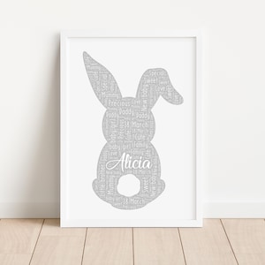 Personalised Bunny Rabbit Print Picture - Nursery Babys Room Wall Art - Newborn Baby Boy, Girl Word Art A5, A4, A3