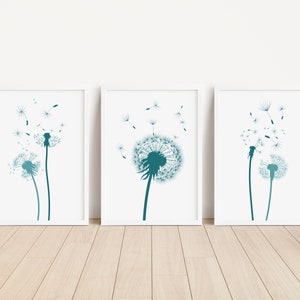 Set of 3 Dandelion Wall Art Prints, Teal Home Decor, Nature Print - Minimalistic Boho, Home Décor Poster
