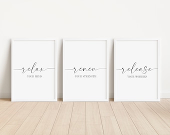 Relax Renew Release Bathroom Prints, Minimalist Typography, Set of 3