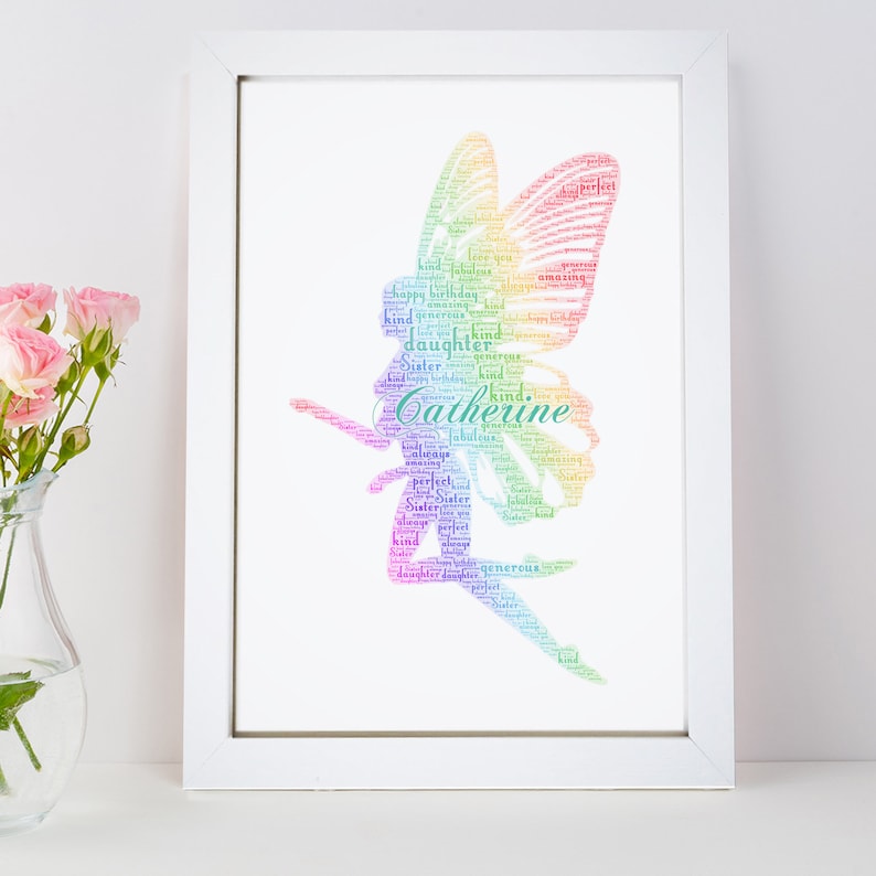Personalised Rainbow Fairy Print Custom Word Wall Art Picture Birthday Gifts For Her, Women, Girls,Kids Daughter Granddaughter image 2