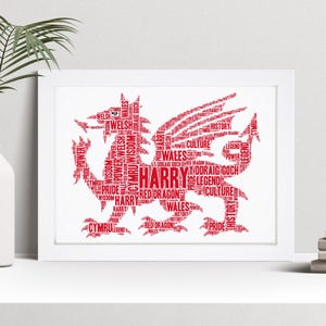 Personalised Y Ddraig Goch Word Art Print, Wales Red Dragon Welsh Gift, Custom Wall Art Framed Picture, Present For Home NL