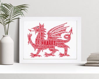 Personalised Y Ddraig Goch Word Art Print, Wales Red Dragon Welsh Gift, Custom Wall Art Framed Picture, Present For Home NL