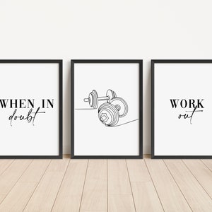 Set of 3 Work Out Prints, Weight Lifting Quote Wall Art Prints, Unframed Gym Artwork, Home Gym Décor - A5 A4 A3 Black And White Line Art