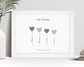 Personalised Family Heart Print, Housewarming New Home Gift, Custom Wall Art Framed Picture, Present For Mum, Nanny From Kids Grandkids