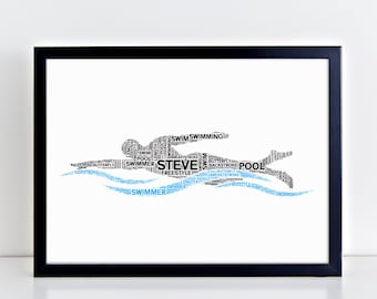 Personalised Male Swimmer Word Art Print - Swimming Themed Birthday, Christmas Gifts - For Him, Men, Boys- Swimmer Prints