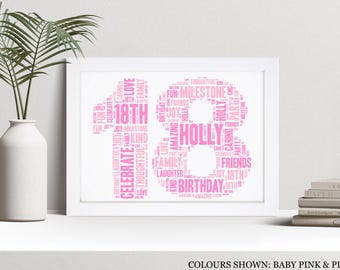 Könnte beinhalten: Ein gerahmter Druck mit der Zahl 18, gebildet aus Wörtern wie "Spaß", "Liebe" und "Geburtstag", in Babyrosa und Pink. Der Name "Holly" ist prominent dargestellt. Der Druck befindet sich in einem weißen Rahmen, mit einer weißen Vase und Büchern im Hintergrund.