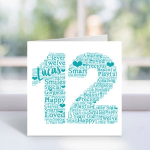 Tarjeta de Word Art personalizada para el 12.° cumpleaños: 12 años de edad. Tarjeta de recuerdo para niños: para niños, niñas, niños, hijos e hijas.