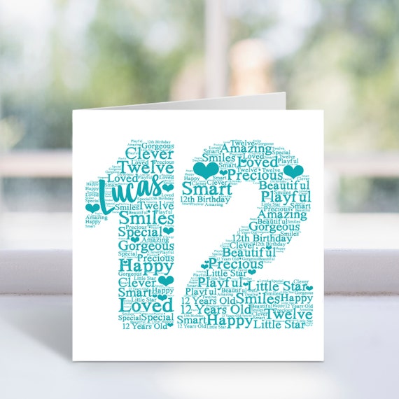 Personalised 12th Birthday Word Art Card - Age 12 Year Old - Childrens Keepsake Card - For Boys, Girls, Kids - Son, Daughter