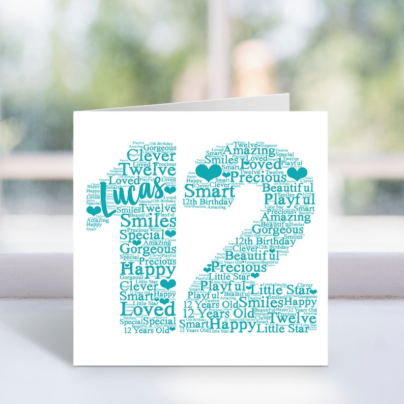 May include: A teal blue word cloud card with the number 12 in the center. The word cloud is made up of words like "Happy", "Smart", "Loved", "Special", "Precious", "Amazing", "Playful", "Beautiful", "Little Star", and "12 Years Old". The card is for a 12th birthday.
