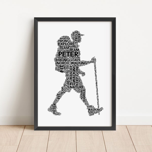 Personalised Male Hiker Print - Custom Word Wall Art Frame - Birthday, Christmas Gifts For Him, Men - Hiking, Walking Word Picture