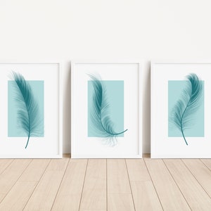 Set of 3 Feather Wall Art Prints,  Teal, Turquoise Minimalistic Boho, Home Décor Poster