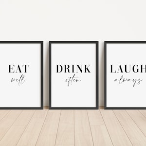 Set of 3 Kitchen Prints, Dining Room Wall Art Prints, Unframed Food Quote Poster - Home Décor, Minimalistic Eat Drink Laugh Typography Print