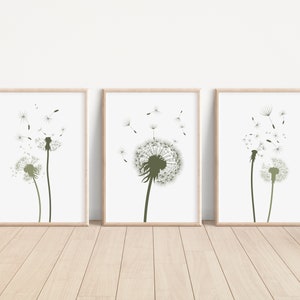 Conjunto de 3 impressões de arte de parede de dente de leão, decoração de casa verde, impressão de natureza - Boho minimalista, pôster de decoração de casa
