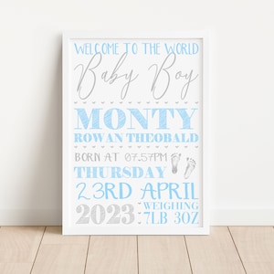 Personalised New Baby Print - Custom Nursery Wall Art - Newborn Gifts - Girls, Boys - Babies Keepsake Frame - Birth Date, Details