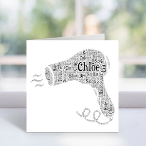 Cartão de secador de cabelo personalizado - Cartão de arte com palavras personalizadas - Cabeleireiro, cabeleireiro - Obrigado, cartões de aniversário - Para ela, ele, homens, mulheres