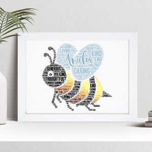 Personalised Bee Word Art Print, Teacher, Gardener Gift, Custom Wall Art Framed Picture, Present For Him, Her NL