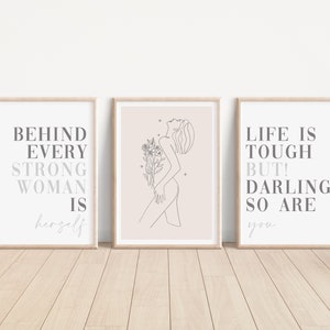 Set of 3 Woman Body Prints, Strong Woman Quote Wall Art Prints, Unframed Line Art Artwork, Bedroom Room Décor - A5 A4 A3 Grey And Pink Art