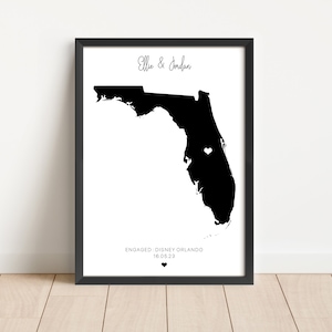 Silhouette della Florida, stampa personalizzata del luogo del fidanzamento, luogo di proposta unico, regalo di fidanzamento per coppie - regali ricordo