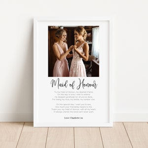 Dama de honor - Impresión de poema fotográfico personalizado - Regalos de recuerdo del día de la boda - Regalo de agradecimiento para la mejor amiga en el día de la boda