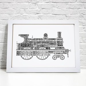 Personalised Steam Train Print- Custom Word Wall Art - Birthday Gifts - For Him, Men - Dad, Grandad, Uncle - Train Spotter