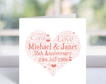 Personalised 35th Anniversary Heart Card - Custom Word Art - Anniversary Card - For Couples, Mum And Dad, Parents, Coral, Wedding