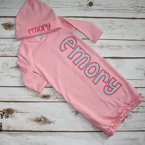 Pink Ruffle Baby Gown & Matching Hat, Going Home outfit, Baby Shower Gift, Baby Girl Gift, Monogrammed Gown