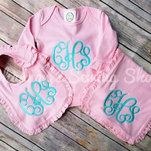 Baby Shower Gift Set - Baby Girl Gift Set - Baby Girl Monogrammed Set - Baby Girl Gown - Pink Monogrammed Gown - Ruffle Gown Set