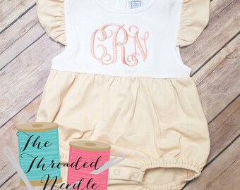 Monogrammed  Baby Bubble -  Tan and White Monogrammed Bubble - Monogrammed Romper - Romper Bubble - Baby Girl Romper - Baby Girl Sunsuit -