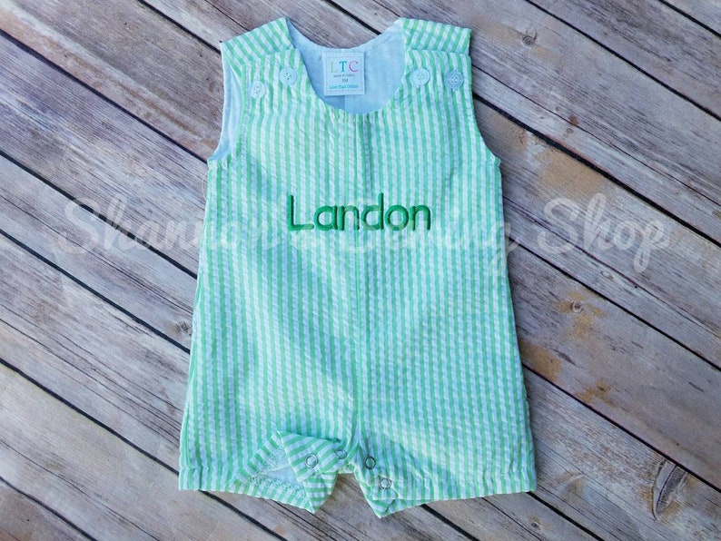 Baby Boy Monogrammed Jon Jon Green Jon Jon Seersucker Jon Jon Baby Boy Outfit Baby Shower Gift image 2