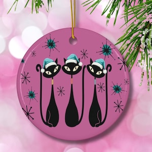 Retro Atomic Cats Ceramic Ornament: Pink Holiday Decor