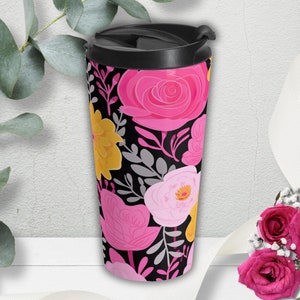 Floral Stainless Steel Travel Mug, Colorful Flower Print Cup, On-the-Go Tumbler, Large Botanical Hot Drink Container, Bright Garden Tea