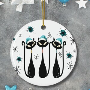 Retro Atomic Cats Ceramic Ornament: Holiday Christmas Decor