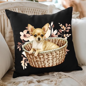 Chihuahua Pillow: Dog in Basket, Black Accent Cushion