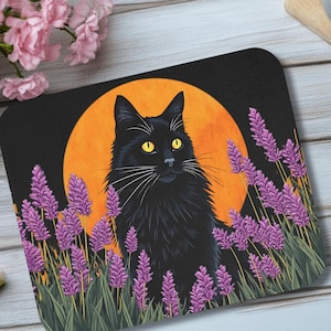 Schwarze Katze Mauspad, Lavendel des Katzenliebhabers Mauspad, Schwarze Katze Art Mauspad, Bürodekor, Katzengeschenke, Gamer Mousepad, Arbeitsplatzzubehör,