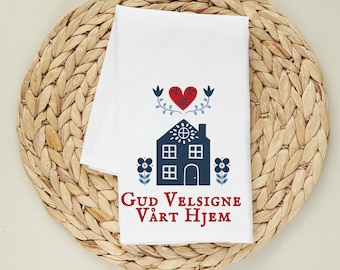 "Nordische Volkskunst Geschirrtuch: ""God Bless Our Home"" Dekor."