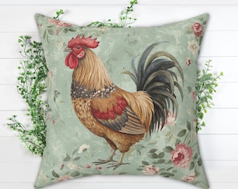 Farmhouse Rooster Pillow: Rustic Floral Chicken Cushion