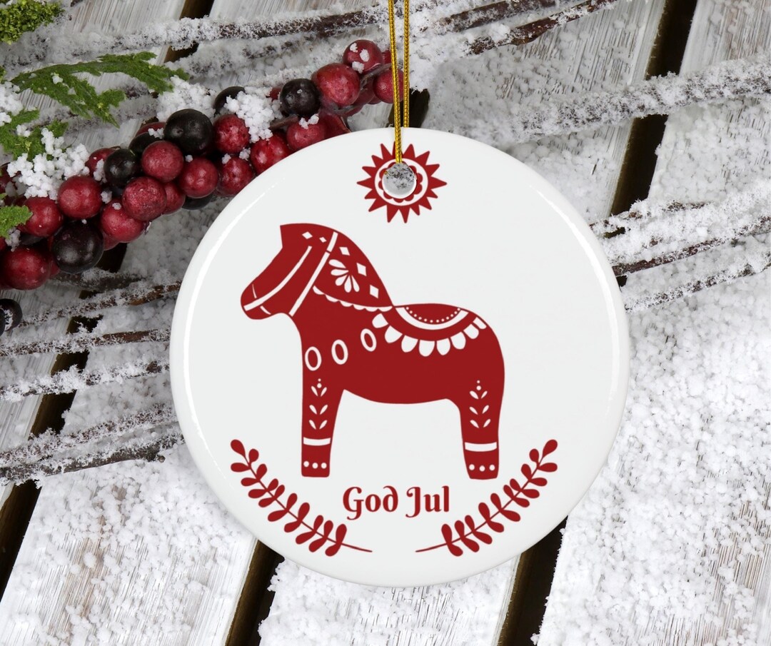 Ceramic Ornament, Swedish Dala Horse God Jul, Christmas Tree Decoration ...