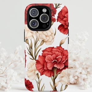 Funda resistente para iPhone con diseño de clavel, con diseño floral en rojo y crema, accesorios de protección para smartphones, tecnología, regalo para ella, Día de la Madre