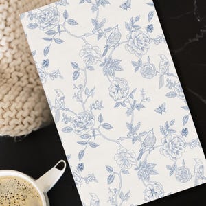 Blue Chinoiserie Tea Towel, Birds & Blooms Kitchen Towel, French Country Farmhouse Style, Cotton or Polyester, Dish Towel