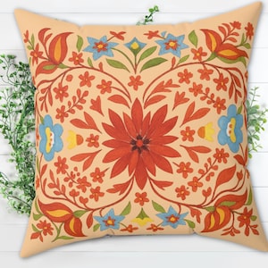 Scandinavian Folk Art Floral Throw Pillow, Vintage Style Pillow, Boho Decorative Accent Pillow, Colorful Nordic Home Decor, Farmhouse Style