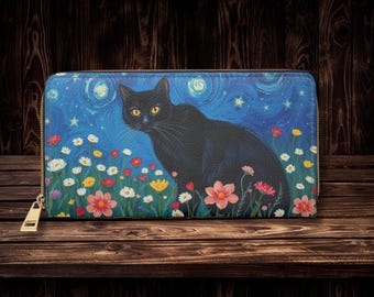 Monedero de piel sintética con diseño de gato negro y noche estrellada.
