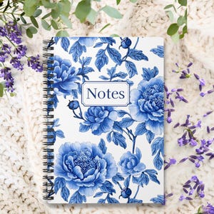 Blue Peony Spiral Notebook, Elegant Botanical Design for Note-Taking, Journaling, List-Making, Gift for Teachers, Students, or Writers