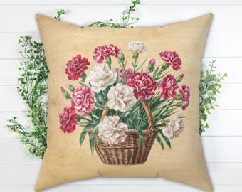 Carnation Pillow: Vintage Floral Throw Cushion, Cottagecore Home Accent