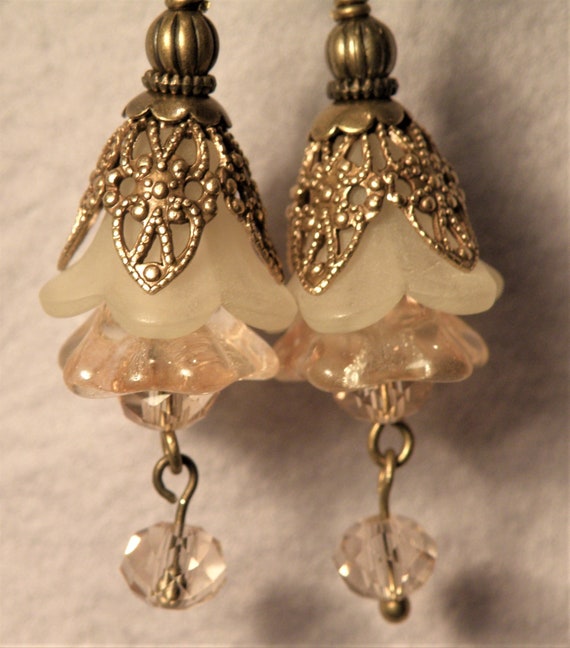 Vintage Style Bead Dangles Red White and Blue Enamel and Lucite Flowers Pair R49