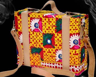 Vintage Boho Vegan Leather Hand Embroidery Mirror-Work Patchwork Box-Style Mini Briefcase Hand Bag