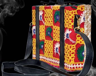 Vintage Boho Vegan Leather Hand Embroidery Mirror-Work Patchwork Box-Style Mini Briefcase Hand Bag
